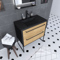 Aurlane - Meuble de salle de bain 80x50 cm noir mat - 2 tiroirs chêne brun - vasque résine noir effet pierre