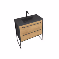 Aurlane - Meuble de salle de bain 80x50 cm noir mat - 2 tiroirs chêne brun - vasque résine noir effet pierre