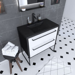 Meuble de salle de bain 80x50 cm NOIR MAT - 2 tiroirs - vasque résine noire effet pierre + miroir