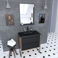 Meuble de salle de bain 80x50cm chene brun - 2 tiroirs - vasque resine noire effet pierre - miroir