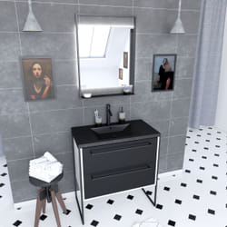 Meuble de salle de bain 80x50cm chene brun - 2 tiroirs noir mat - vasque resine noire effet pierre