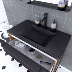 Meuble de salle de bain 80x50cm chene brun - 2 tiroirs noir mat - vasque resine noire effet pierre