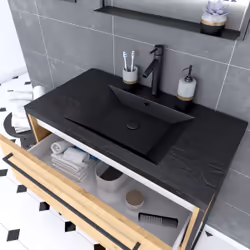 Aurlane - Meuble de salle de bain 80x50cm chêne brun - 2 tiroirs chêne brun- vasque résine noire effet pierre