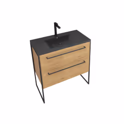 Aurlane - Meuble de salle de bain 80x50cm chêne brun - 2 tiroirs chêne brun- vasque résine noire effet pierre