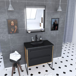 Aurlane - Meuble Salle de Bains 80 cm, Vasque Noire, Miroir Led et Colonne - Chêne Naturel - structura