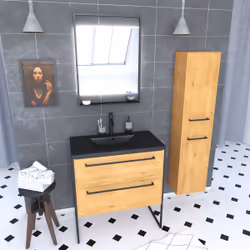 Aurlane - Meuble Salle de Bains 80 cm, Vasque Noire, Miroir Led et Colonne - Chêne Naturel - structura