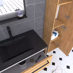Aurlane - Meuble Salle de Bains 80 cm, Vasque Noire, Miroir Led et Colonne - Chêne Naturel - structura