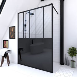 Paroi de douche 140x200 cm type verriere - verre trempe et structure aluminium noir mat