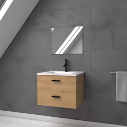 Description générale Ensemble comprenant un meuble sous lavabo en mélaminé blanc, une vasque en céramique et un miroir rectan ...