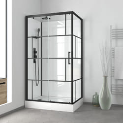 Cabine de douche 110x80cm / Receveur Haut - Verre transparent sérigraphié et Blanc - Profilés Noir