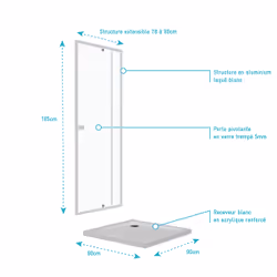 Pack porte de douche pivotant blanc de 78 à 90x185cm + receveur 90x90 - WHITY PIVOT - Vue supplémentaire 4