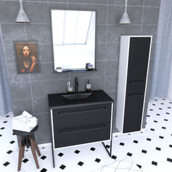 Aurlane - Ensemble Meuble de salle de bain blanc 80cm + vasque noir effet pierre + miroir + colonne rangement
