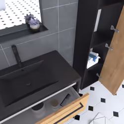 Aurlane - Ensemble Meuble de salle de bain blanc 80cm + vasque noir effet pierre + miroir + colonne rangement
