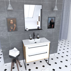 Aurlane - Meuble Salle de Bains 80 cm, Vasque Noire, Miroir Led et Colonne - Chêne et Noir - structura