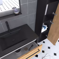 Aurlane - Meuble Salle de Bains 80 cm, Vasque Noire, Miroir Led et Colonne - Chêne et Noir - structura