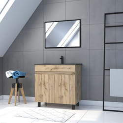 Meuble salle de bain 80x80 cm - finition chene naturel + vasque noire + miroir - timber 80 - pack05