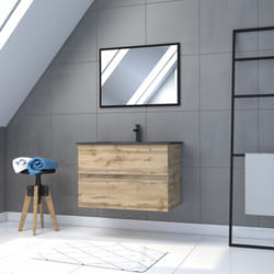 pack meuble sdb 80cm suspendu 2 tiroirs chenevasque noire + miroir - timber 80