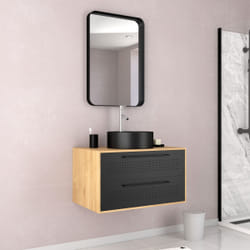 Meuble salle de bain 80x54 - Finition chene naturel + vasque noire + miroir Led - TIMBER 80 - Pack12
