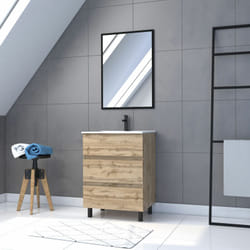 Meuble salle de bain 60 x 80 - finition chene naturel + vasque blanche + miroir - timber 60 - pack15