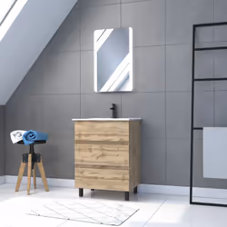 Ensemble meuble de salle de bains 60 cm 3 tiroirs, avec une vasque en céramique blanche et un miroir avec éclairage LED Carac ...
