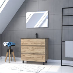 Aurlane - Meuble salle de bain 80x80 - Finition chene naturel + vasque noire + miroir Led - timber 80 - Pack18