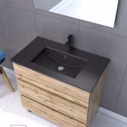 Aurlane - Meuble salle de bain 80x80 - Finition chene naturel + vasque noire + miroir Led - timber 80 - Pack18