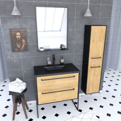 Aurlane - Meuble de salle de bain 80x50 cm - 2 tiroirs blanc - vasque resine noir effet pierre + colonne