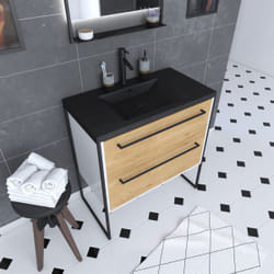 Aurlane - Meuble de salle de bain 80x50 cm + 2 tiroirs chêne naturel + vasque résine noir effet pierre