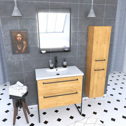 Aurlane - meuble salle de bains 80 cm, vasque blanche, miroir led et colonne - chêne naturel - structura
