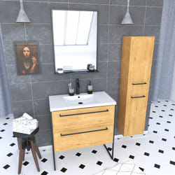 Pack meuble sdb 80cm sur pieds 2 tiroirs chene - vasque resine blanche + miroir + colonne 150cm
