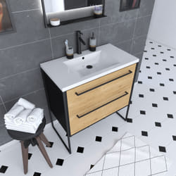 Aurlane - Meuble Salle de Bains 80 cm à Tiroirs Finition Chêne et Noir - Vasque Résine Blanche - structura