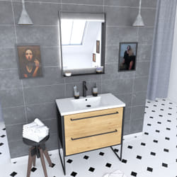 Aurlane - Meuble Salle de Bains 80 cm, Vasque Résine Blanche, Miroir Led - Finition Chêne et Noir - structura