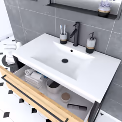 Aurlane - Meuble Salle de Bains 80 cm, Vasque Résine Blanche, Miroir Led - Finition Chêne et Noir - structura