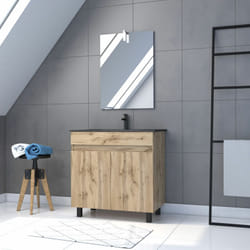 Pack meuble sdb 80cm sur pieds 2 portes chenevasque noire + miroir led - timber 80pack23