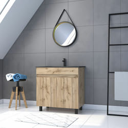 Pack meuble sdb 80cm sur pieds 2 portes chenevasque noire + miroir barber - timber 80pack24