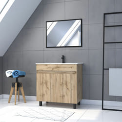 Meuble salle de bain 80x80 - finition chene naturel + vasque blanche + miroir - timber 80 - pack25
