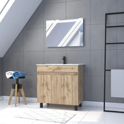 Aurlane - Meuble salle de bain 80x80 -Finition chene naturel + vasque blanche + miroir Led- timber 80 - Pack26