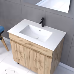 Aurlane - Meuble salle de bain 80x80 -Finition chene naturel + vasque blanche + miroir Led- timber 80 - Pack26