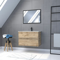 Meuble salle de bain 80x54 - finition chene naturel + vasque blanche + miroir - timber 80 - pack 35