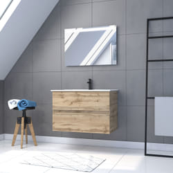 Pack Meuble sdb 80cm suspendu 2 tiroirs CheneVasque blanche + Miroir Led - timber 80Pack36