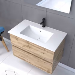 Pack Meuble sdb 80cm suspendu 2 tiroirs CheneVasque blanche + Miroir Led - timber 80Pack36
