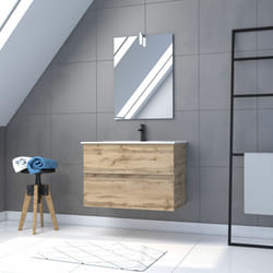 Pack meuble sdb 80cm suspendu 2 tiroirs chenevasque blanche + miroir led - timber 80pack37