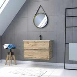 Pack meuble sdb 80cm suspendu 2 tiroirs chenevasque blanche + miroir barber - timber 80 - pack38