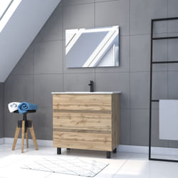 Pack Meuble SDB 80cm sur pieds 3 tiroirs CheneVasque blanche + Miroir Led - TIMBER 80Pack46