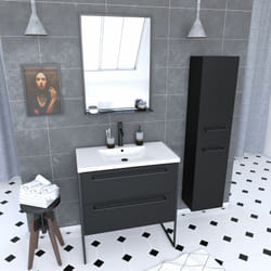 Pack meuble de salle de bain 80x50 cm noir - 2 tiroirs - vasque blanche - miroir - colonne suspendu