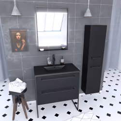 Aurlane - Meuble Salle de Bains 80 cm, Vasque Noire, Miroir Led et Colonne - Noir - structura
