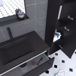 Aurlane - Pack meuble de salle de bain 80x50 cm Noir - 2 tiroirs - vasque noire - miroir - colonne suspendu