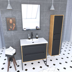Meuble de salle de bain 80x50cm - vasque noir effet pierre 80x50cm - 2 tiroirs - colonne - miroir