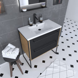 Aurlane - Meuble de salle de bain 80x50cm - vasque blanche 80x50cm - 2 tiroirs noir mat