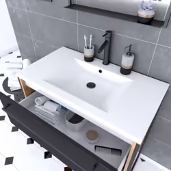 Aurlane - Meuble de salle de bain 80x50cm - vasque blanche 80x50cm - 2 tiroirs noir mat